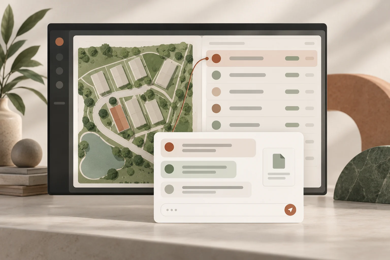 Visual editorial de Don Diego: portal con inventario inmobiliario, seguimiento comercial y una conversación conectada al CRM.