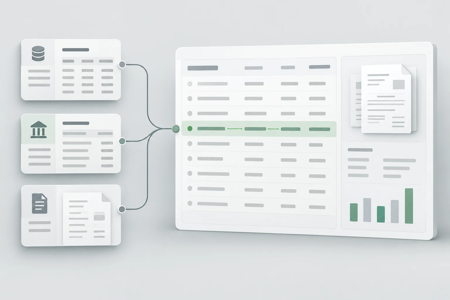 Visual de la solución Maestro Contable: registros del ERP, banco y documentos conectados a una revisión de conciliación y evidencia.