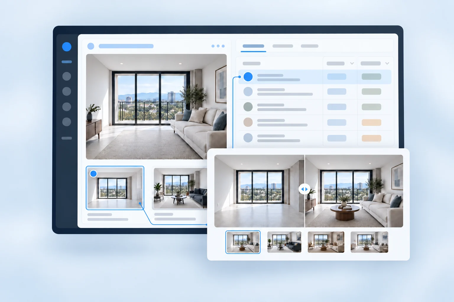Visual editorial de Opta: sitio inmobiliario y CRM conectados, con staging virtual de un departamento.